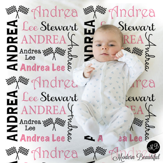 Baby girl drag racing name blanket, hot pink and black, racing swaddling blanket, baby girl race flag blanket, girl baby shower gift, (CHOOSE COLORS)