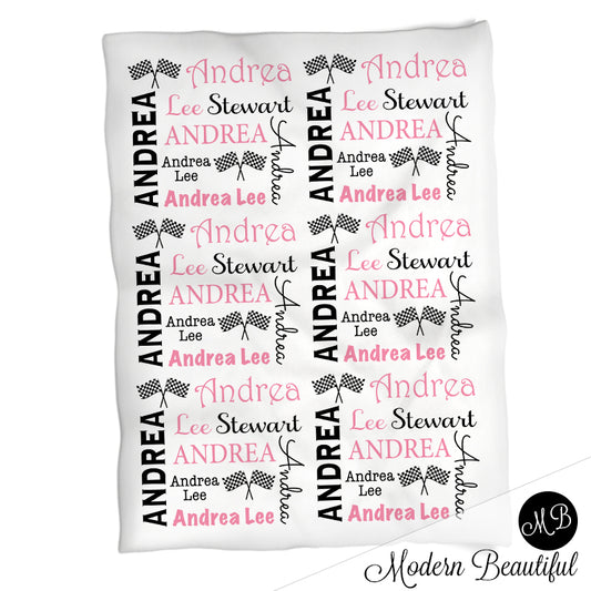 Baby girl drag racing name blanket, hot pink and black, racing swaddling blanket, baby girl race flag blanket, girl baby shower gift, (CHOOSE COLORS)