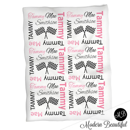 Hot pink and black baby girl drag racing name blanket, racing swaddling blanket, baby girl race flag blanket, girl baby shower gift, (CHOOSE COLORS)