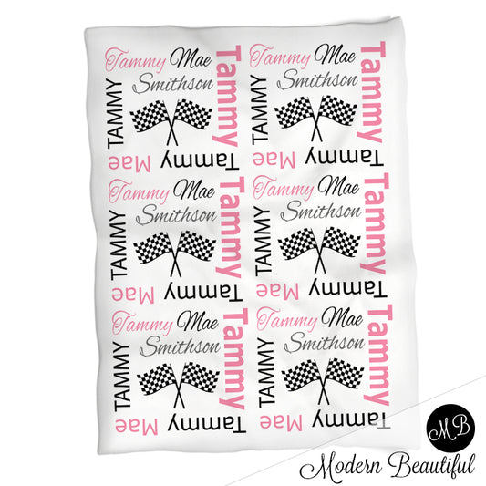 Hot pink and black baby girl drag racing name blanket, racing swaddling blanket, baby girl race flag blanket, girl baby shower gift, (CHOOSE COLORS)