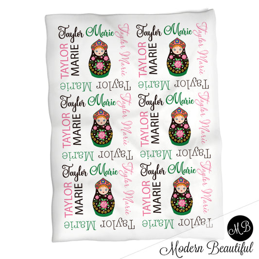 Nesting doll baby name blanket , matryoshka doll blanket, baby girl Russian doll blanket, girl baby blanket, baby shower gift, (CHOOSE COLORS)