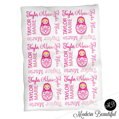 Pink nesting doll baby girl name blanket , matryoshka doll blanket, baby girl Russian doll blanket, girl baby blanket, baby shower gift, (CHOOSE COLORS)