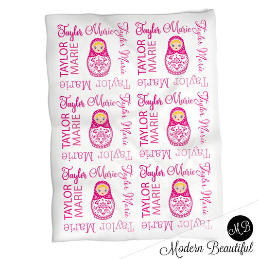 Pink nesting doll baby girl name blanket , matryoshka doll blanket, baby girl Russian doll blanket, girl baby blanket, baby shower gift, (CHOOSE COLORS)