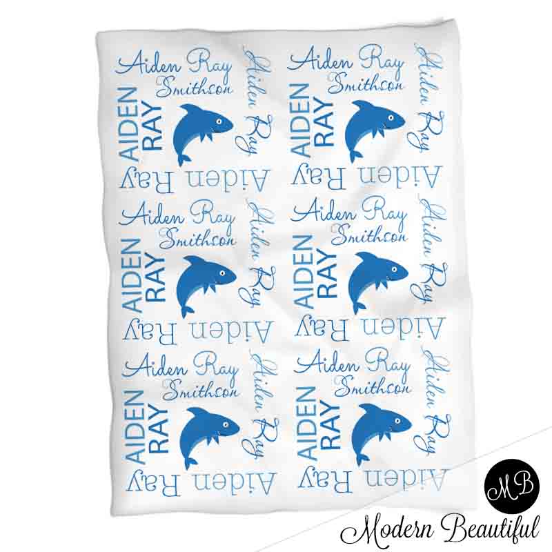 Shark name baby blanket, personalized boy shark baby gift, shark theme blanket, boy name blanket, personalized blanket, (CHOOSE COLORS)