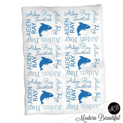 Shark name baby blanket, personalized boy shark baby gift, shark theme blanket, boy name blanket, personalized blanket, (CHOOSE COLORS)