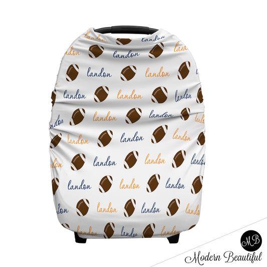 Football baby boy or girl car seat canopy covers, football baby gift, blue and orange, custom infant car seat cover, personalized baby name carseat cover, nursing privacy cover, shopping cart cover, high chair cover (CHOOSE COLORS)