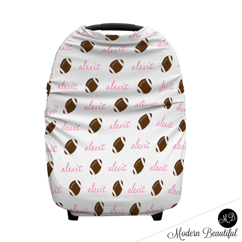Football baby boy or girl car seat canopy covers, football baby gift, pink and white, custom infant car seat cover, personalized baby name carseat cover, nursing privacy cover, shopping cart cover, high chair cover (CHOOSE COLORS)