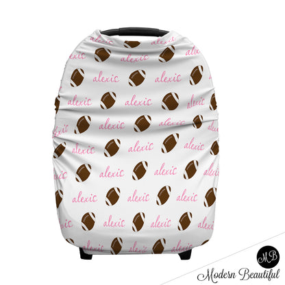 Football baby boy or girl car seat canopy covers, football baby gift, pink and white, custom infant car seat cover, personalized baby name carseat cover, nursing privacy cover, shopping cart cover, high chair cover (CHOOSE COLORS)