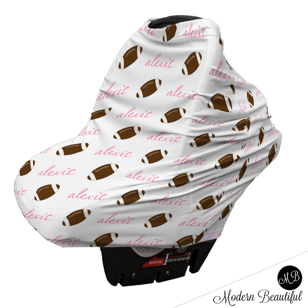 Football baby boy or girl car seat canopy covers, football baby gift, pink and white, custom infant car seat cover, personalized baby name carseat cover, nursing privacy cover, shopping cart cover, high chair cover (CHOOSE COLORS)