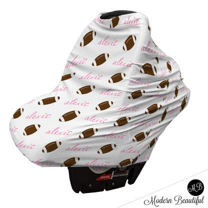 Football baby boy or girl car seat canopy covers, football baby gift, pink and white, custom infant car seat cover, personalized baby name carseat cover, nursing privacy cover, shopping cart cover, high chair cover (CHOOSE COLORS)
