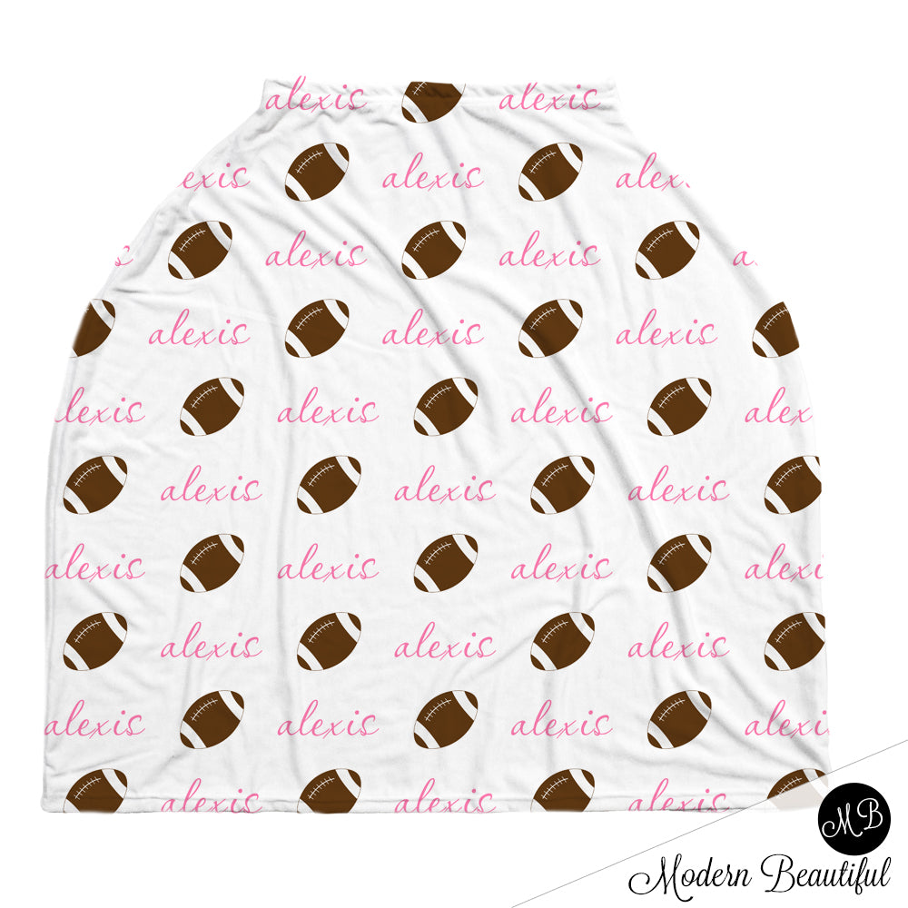 Football baby boy or girl car seat canopy covers, football baby gift, pink and white, custom infant car seat cover, personalized baby name carseat cover, nursing privacy cover, shopping cart cover, high chair cover (CHOOSE COLORS)