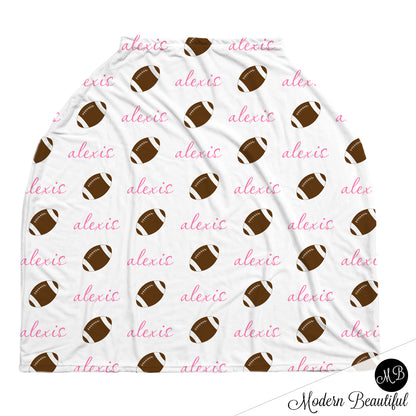 Football baby boy or girl car seat canopy covers, football baby gift, pink and white, custom infant car seat cover, personalized baby name carseat cover, nursing privacy cover, shopping cart cover, high chair cover (CHOOSE COLORS)