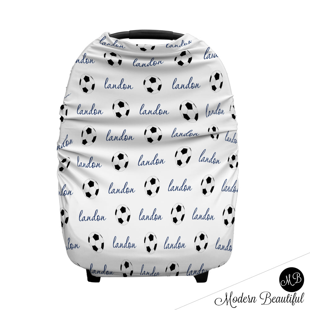 Soccer baby boy or girl car seat canopy covers, soccer baby gift, blue and white, custom infant car seat cover, personalized baby name carseat cover, nursing privacy cover, shopping cart cover, high chair cover (CHOOSE COLORS)
