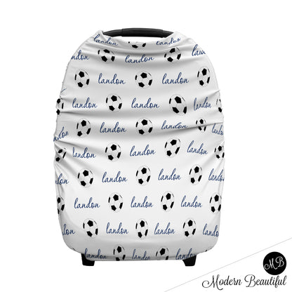 Soccer baby boy or girl car seat canopy covers, soccer baby gift, blue and white, custom infant car seat cover, personalized baby name carseat cover, nursing privacy cover, shopping cart cover, high chair cover (CHOOSE COLORS)