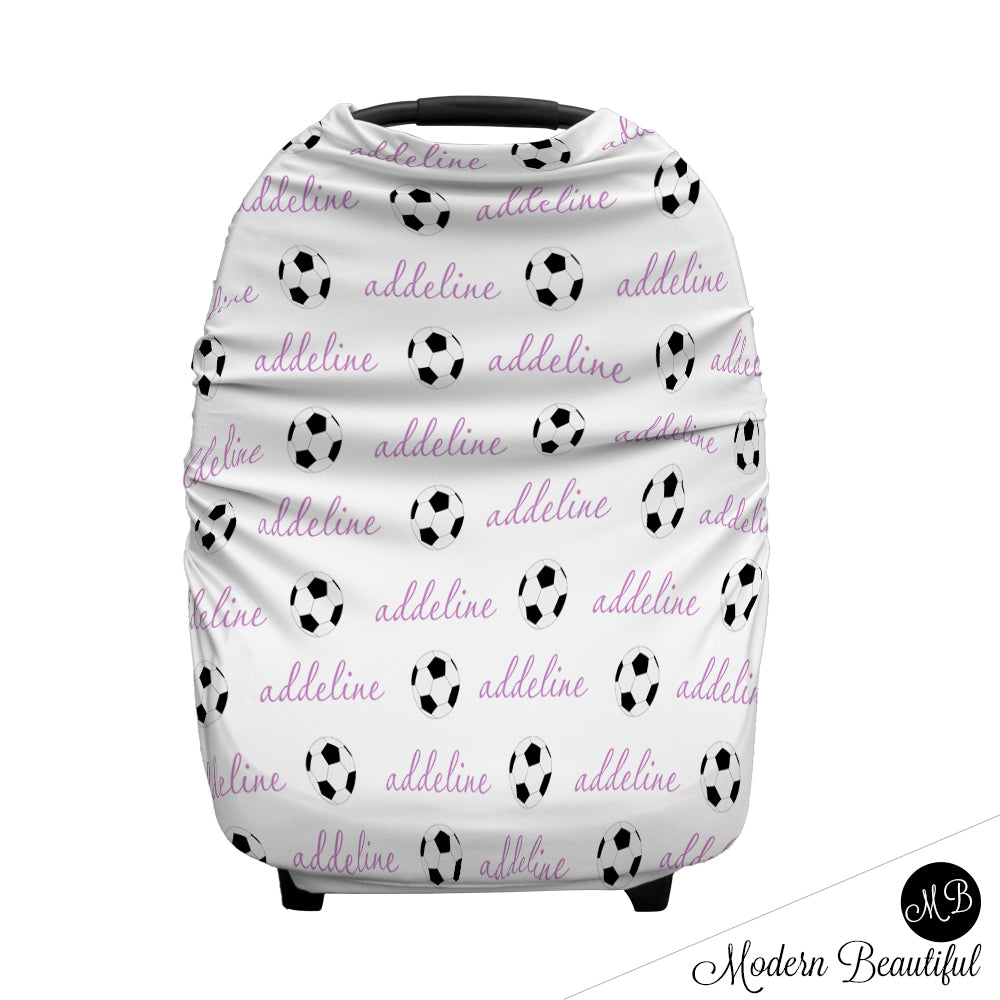 Soccer baby boy or girl car seat canopy covers, soccer baby gift, purple and white, custom infant car seat cover, personalized baby name carseat cover, nursing privacy cover, shopping cart cover, high chair cover (CHOOSE COLORS)