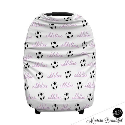 Soccer baby boy or girl car seat canopy covers, soccer baby gift, purple and white, custom infant car seat cover, personalized baby name carseat cover, nursing privacy cover, shopping cart cover, high chair cover (CHOOSE COLORS)
