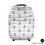 Soccer baby boy or girl car seat canopy covers, soccer baby gift, purple and white, custom infant car seat cover, personalized baby name carseat cover, nursing privacy cover, shopping cart cover, high chair cover (CHOOSE COLORS)