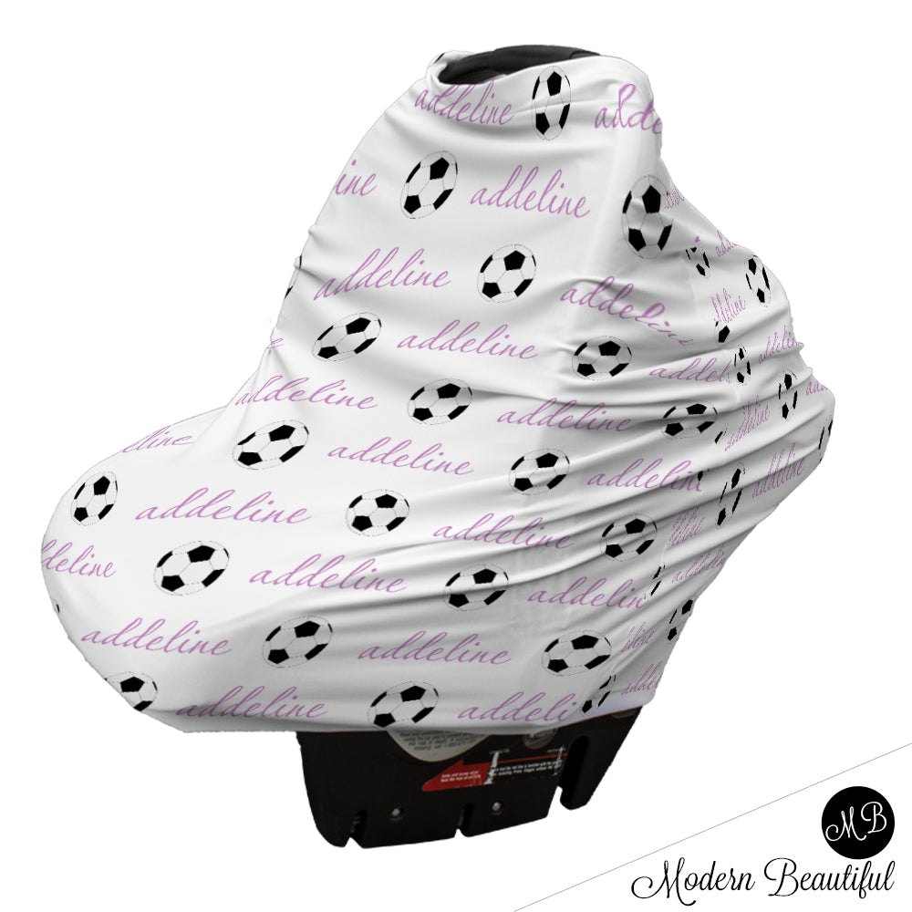 Soccer baby boy or girl car seat canopy covers, soccer baby gift, purple and white, custom infant car seat cover, personalized baby name carseat cover, nursing privacy cover, shopping cart cover, high chair cover (CHOOSE COLORS)