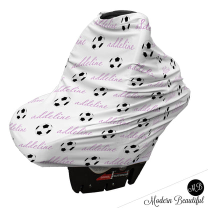 Soccer baby boy or girl car seat canopy covers, soccer baby gift, purple and white, custom infant car seat cover, personalized baby name carseat cover, nursing privacy cover, shopping cart cover, high chair cover (CHOOSE COLORS)