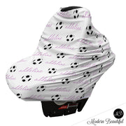Soccer baby boy or girl car seat canopy covers, soccer baby gift, purple and white, custom infant car seat cover, personalized baby name carseat cover, nursing privacy cover, shopping cart cover, high chair cover (CHOOSE COLORS)