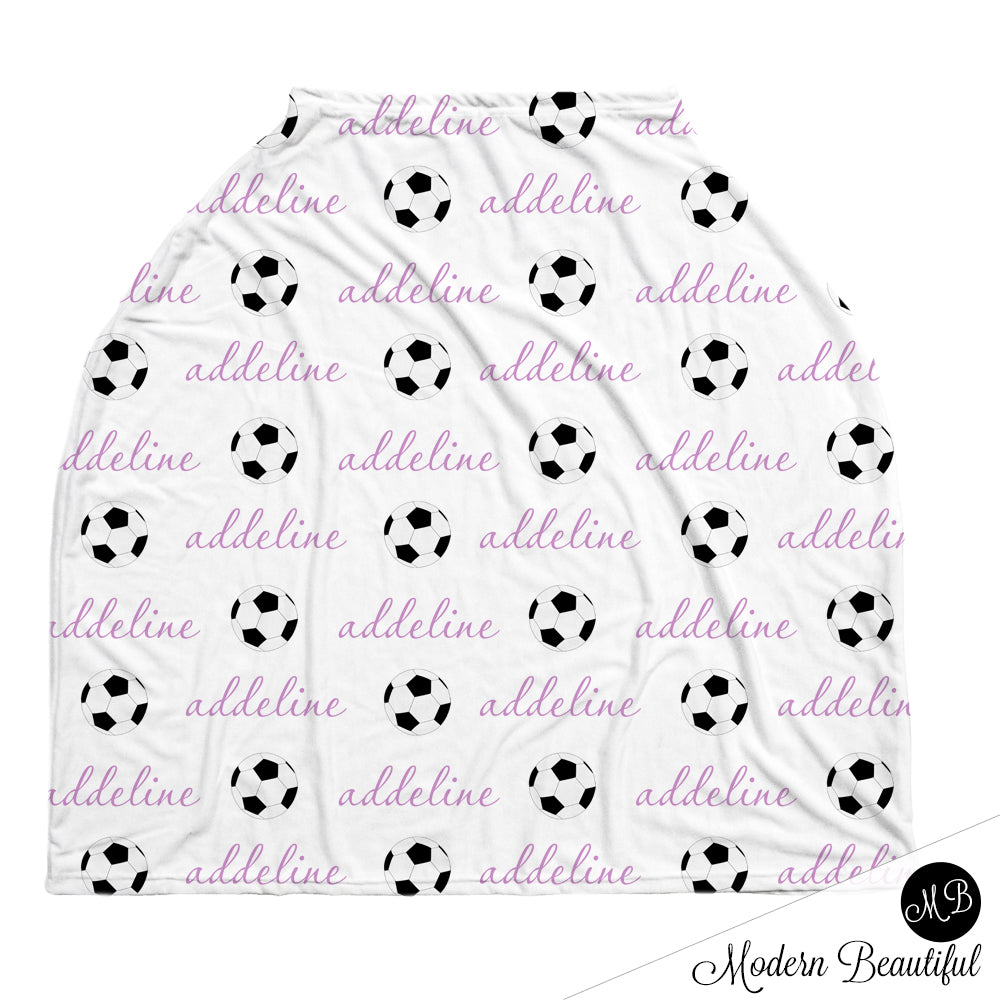 Soccer baby boy or girl car seat canopy covers, soccer baby gift, purple and white, custom infant car seat cover, personalized baby name carseat cover, nursing privacy cover, shopping cart cover, high chair cover (CHOOSE COLORS)