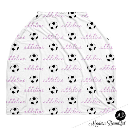 Soccer baby boy or girl car seat canopy covers, soccer baby gift, purple and white, custom infant car seat cover, personalized baby name carseat cover, nursing privacy cover, shopping cart cover, high chair cover (CHOOSE COLORS)