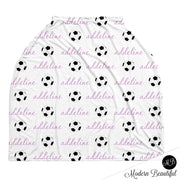 Soccer baby boy or girl car seat canopy covers, soccer baby gift, purple and white, custom infant car seat cover, personalized baby name carseat cover, nursing privacy cover, shopping cart cover, high chair cover (CHOOSE COLORS)