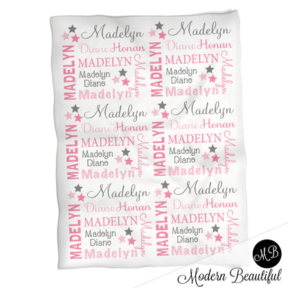 Baby girl stars name blanket in gray and pink, star swaddling blanket, baby girl star blanket, star blanket, star baby shower gift, (CHOOSE COLORS)