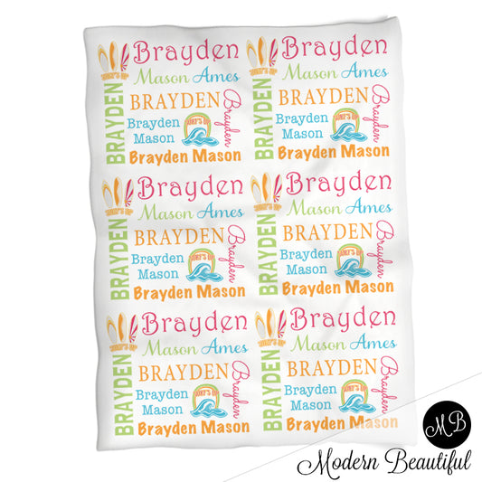 Baby girl surfboard name blanket, beach swaddling blanket, baby girl surfing blanket, surfboard blanket, surfboard baby shower gift, (CHOOSE COLORS)