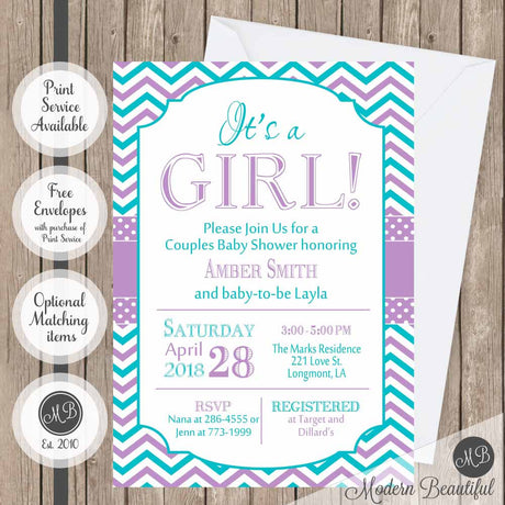 Teal and purple baby shower invitation
