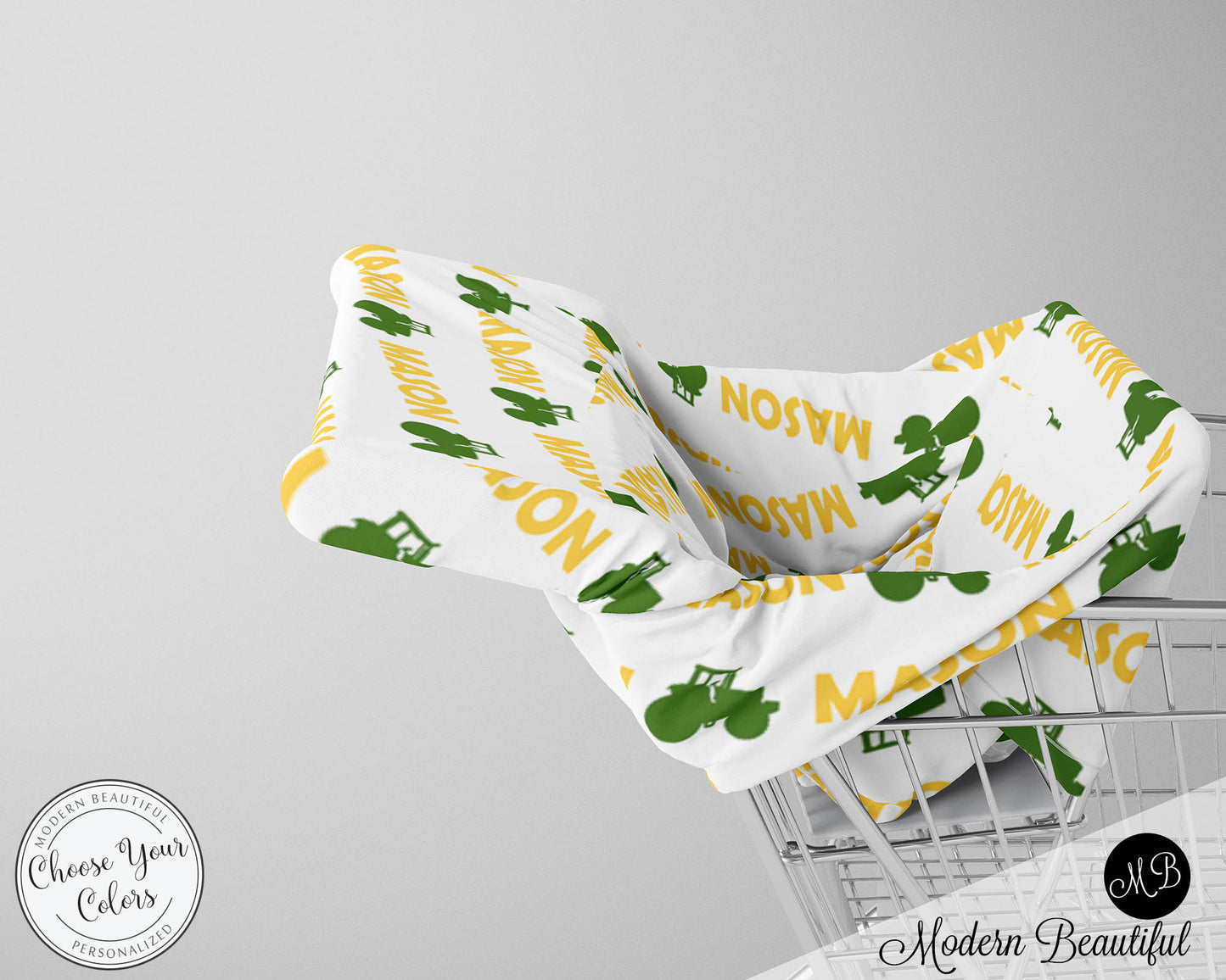 Tractor baby boy or girl car seat canopy cover, farm tractor baby gift, green and yellow, custom infant car seat cover, personalized baby name carseat cover, nursing privacy cover, shopping cart cover, high chair cover (CHOOSE COLORS)