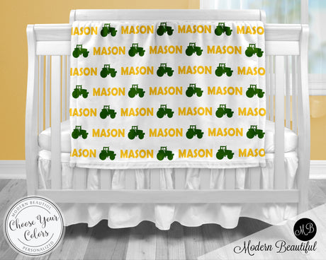 Farm tractor baby boy blanket, yellow and green tractor name blanket, custom farm personalized baby gift, swaddle baby blanket, personalized blanket, boy or girl blanket, choose colors