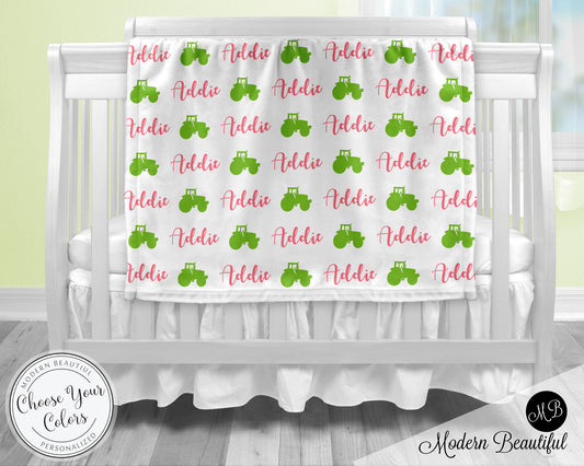 Farm tractor baby girl blanket, pink and green tractor name blanket, custom farm personalized baby gift, swaddle baby blanket, personalized blanket, boy or girl blanket, choose colors