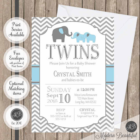 twin elephant baby shower invitations