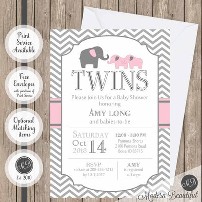 Pink and gray twin girls baby shower invitation, pink elephant twin baby shower invitation, twin girls shower invitation, digital or printed baby shower invitation