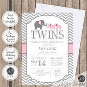 Pink and gray twin girls baby shower invitation, pink elephant twin baby shower invitation, twin girls shower invitation, digital or printed baby shower invitation
