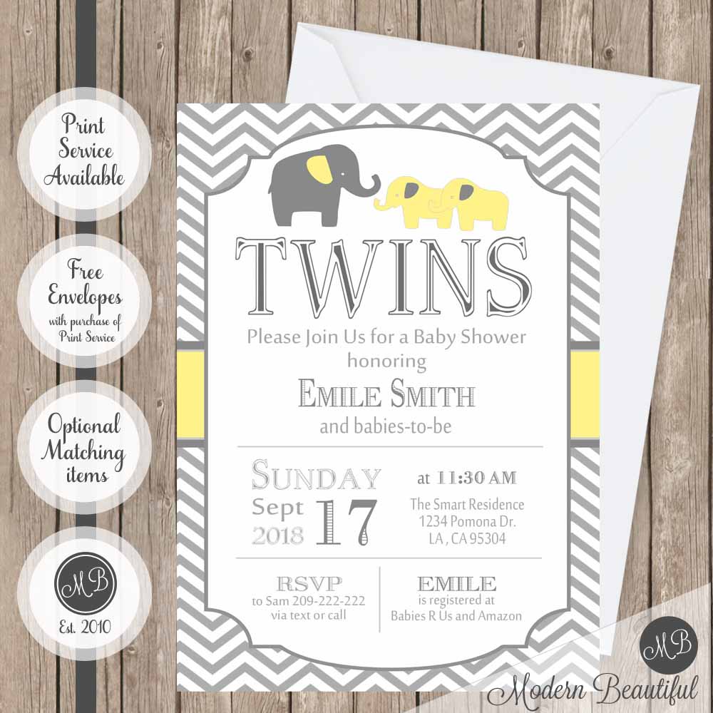 Yellow and gray twins baby shower invitation, gender neutral elephant twin baby shower invitation, twin boys or girls shower invitation, digital or printed baby shower invitation