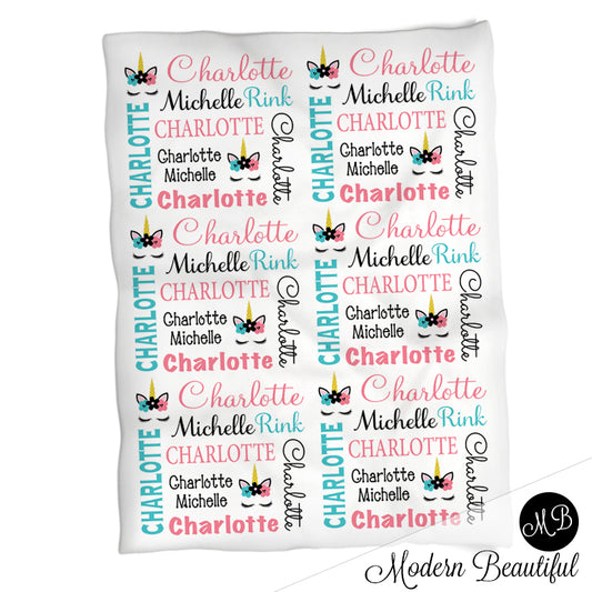 Baby girl unicorn name blanket in pink, blue and black, unicorn swaddling blanket, baby girl unicorn lashes blanket, unicorn face blanket, unicorn baby shower gift, (CHOOSE COLORS)