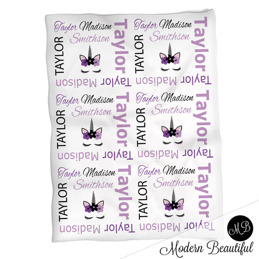 Unicorn baby name blanket, unicorn personalized name blankets, purple and gray, boy or girl blanket, baby shower gift, personalized name blanket, (CHOOSE COLORS)