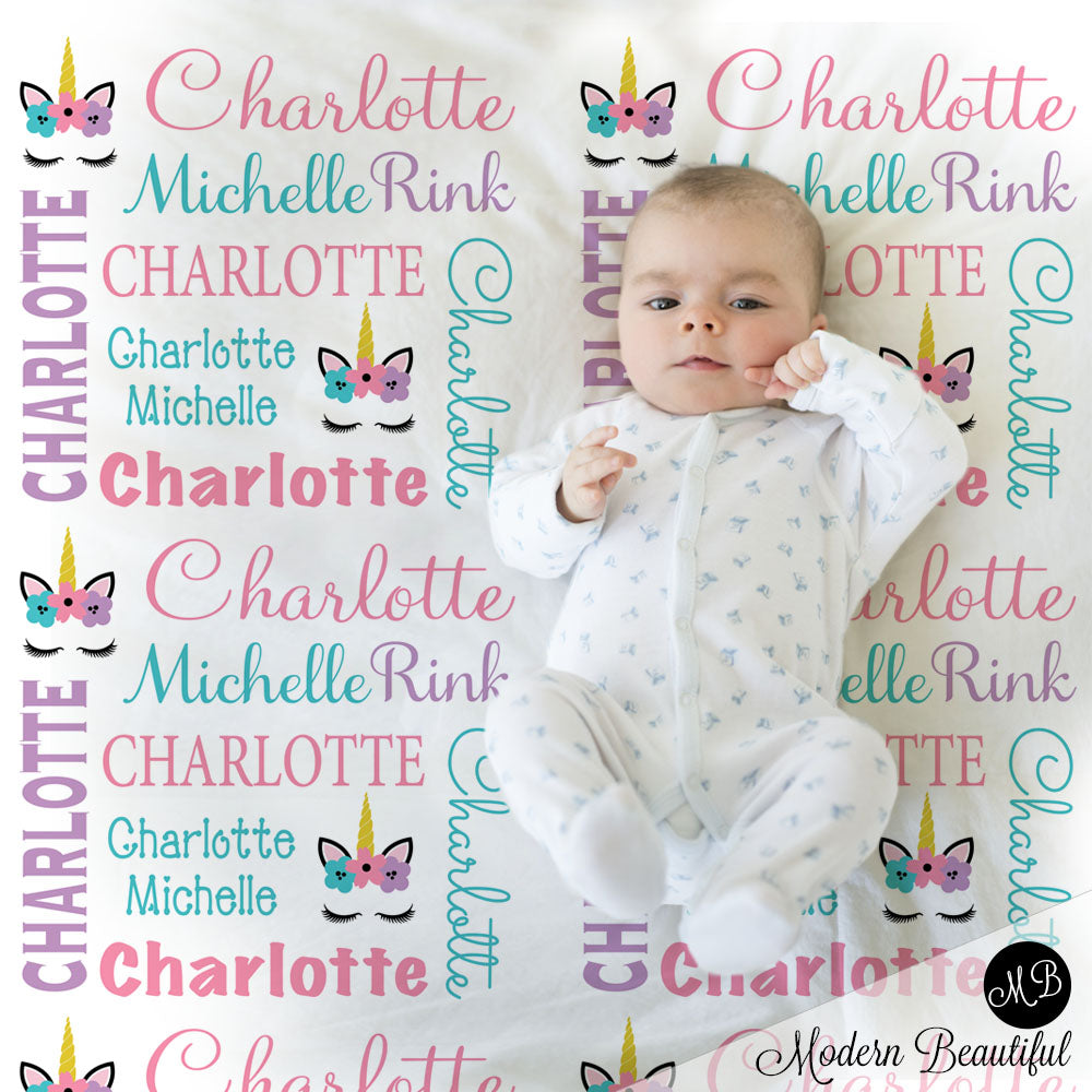 Baby girl unicorn name blanket in pink, aqua and purple, unicorn swaddling blanket, baby girl unicorn lashes blanket, unicorn face blanket, unicorn baby shower gift, (CHOOSE COLORS)