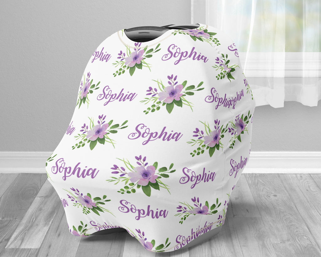 Purple floral baby girl car seat canopy cover, floral watercolor baby gift, purple and white, custom infant car seat cover, personalized baby name carseat cover, nursing privacy cover, shopping cart cover, high chair cover 