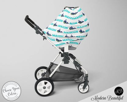 Whale baby boy or girl car seat canopy cover, whale baby gift, aqua and white, custom infant car seat cover, personalized baby name carseat cover, nursing privacy cover, shopping cart cover, high chair cover (CHOOSE COLORS)