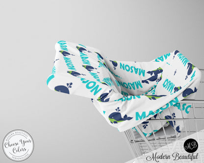 Whale baby boy or girl car seat canopy cover, whale baby gift, aqua and white, custom infant car seat cover, personalized baby name carseat cover, nursing privacy cover, shopping cart cover, high chair cover (CHOOSE COLORS)