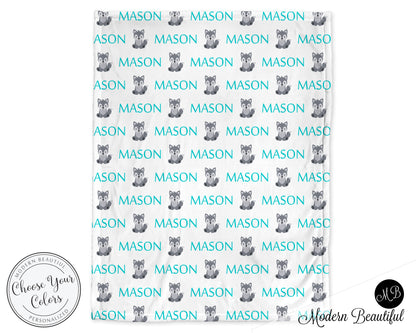 Wolf baby boy blanket, blue and gray wolf name blanket, custom wolf personalized baby gift, swaddle baby blanket, personalized blanket, boy or girl blanket, choose colors