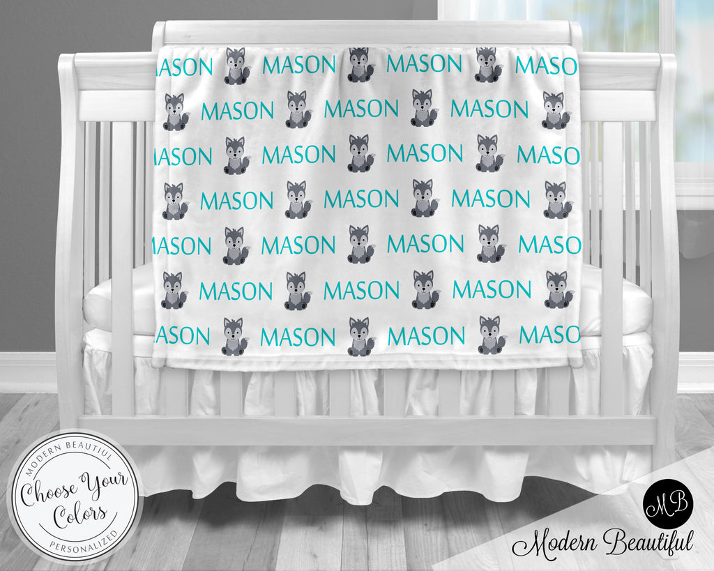 Wolf baby boy blanket, blue and gray wolf name blanket, custom wolf personalized baby gift, swaddle baby blanket, personalized blanket, boy or girl blanket, choose colors