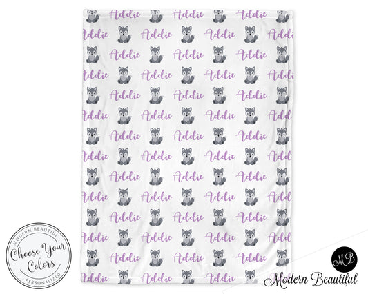 Wolf baby girl blanket, purple and gray wolf name blanket, custom wolf personalized baby gift, swaddle baby blanket, personalized blanket, boy or girl blanket, choose colors