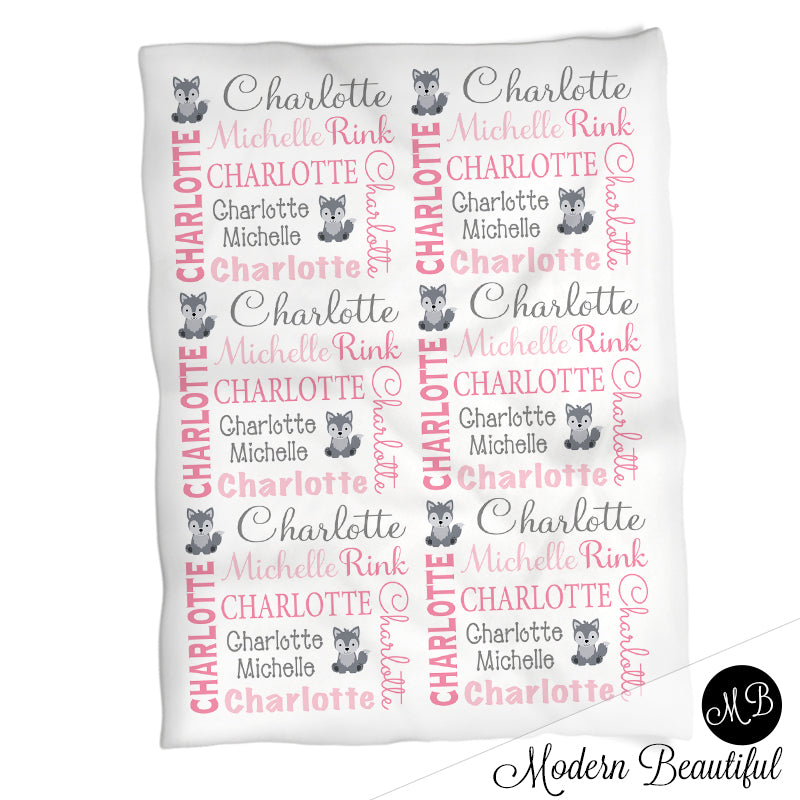 Baby girl wolf name blanket in gray and pink, wolf swaddling blanket, baby girl wolf blanket, wolf blanket, wolf baby shower gift, (CHOOSE COLORS)