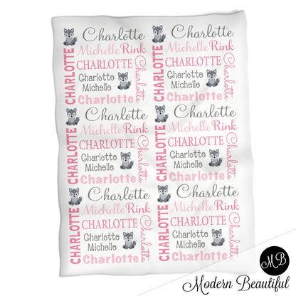 Baby girl wolf name blanket in gray and pink, wolf swaddling blanket, baby girl wolf blanket, wolf blanket, wolf baby shower gift, (CHOOSE COLORS)