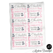 Baby girl wolf name blanket in gray and pink, wolf swaddling blanket, baby girl wolf blanket, wolf blanket, wolf baby shower gift, (CHOOSE COLORS)