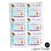 Woodland bear baby name blanket, woodland fox personalized name blankets, teal and purple, boy or girl blanket, baby shower gift, personalized name blanket, (CHOOSE COLORS)